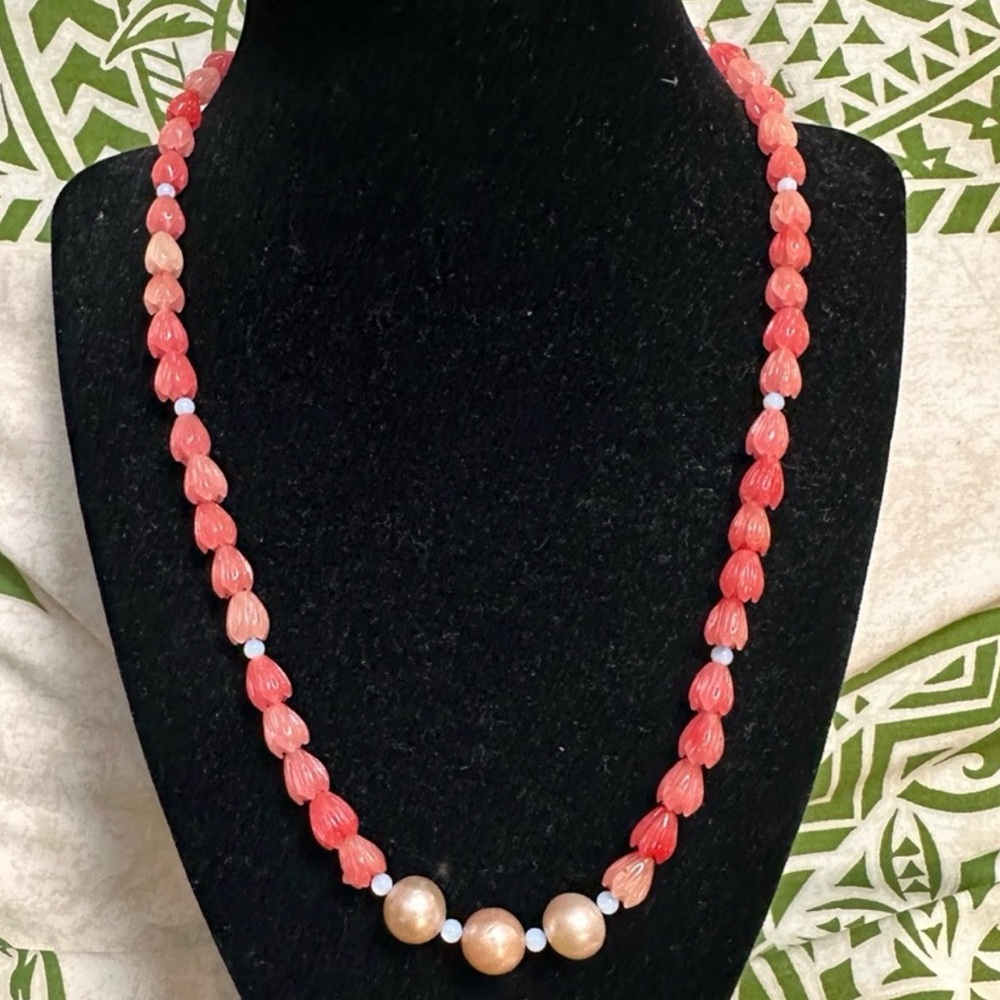 Coral Pink Pikake Flower & Edison Pearl Necklace w/.925 SS Handmade in Maui N65.